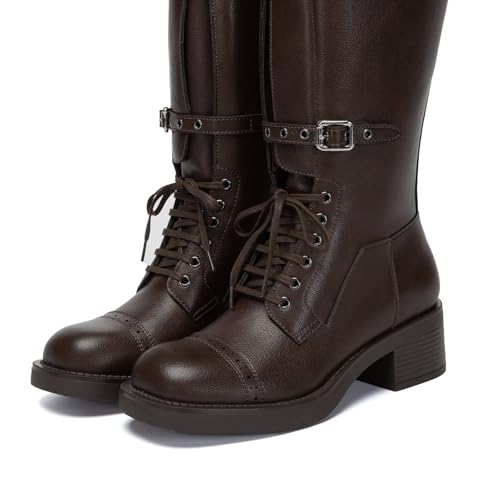 Athlefit Women's Knee High Boots Wide Calf Buckle Riding Boots Square Toe Lace Up Chunky Low Heel Booties4
