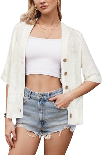 Image of Arach&Cloz Womens Lightweight Cardigan Short Sleeve Shrugs Button Crochet Knit Fashion Sweaters Tops Cozy Clouds Beige