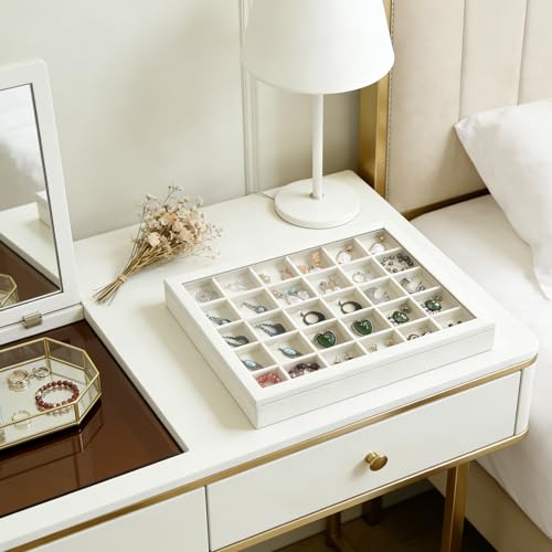 Image of Wudygirl Set of 2 Jewelry Organizer Stackable Jewelry Tray for Drawer Velvet Earring Holder Organizer with Lid Dust-proof Earring Case Ring Storage for Women Drawer Inserts 30 Grid (Beige)