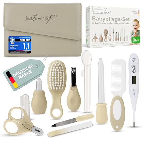 TPFFamily Baby Pflegeset Neugeborene (Beige) – 11-teiliges Newborn Baby Set mit hochwertiger Baby Nagelschere, Fieberthermometer, Bürste und mehr – Ideal als Erstausstattung für Neugeborene