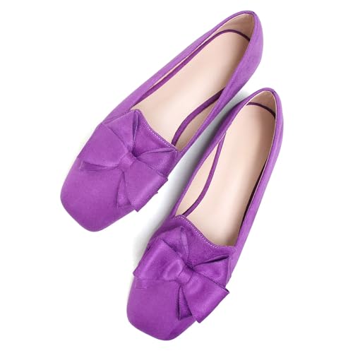 Image of WENJIAZHIZHI Square Toe Bow Ballet Slip-On | Classic Suede Finish,Chic Bow Detail,Effortless Everyday Style,Wedding Party Office,Plus Size Available