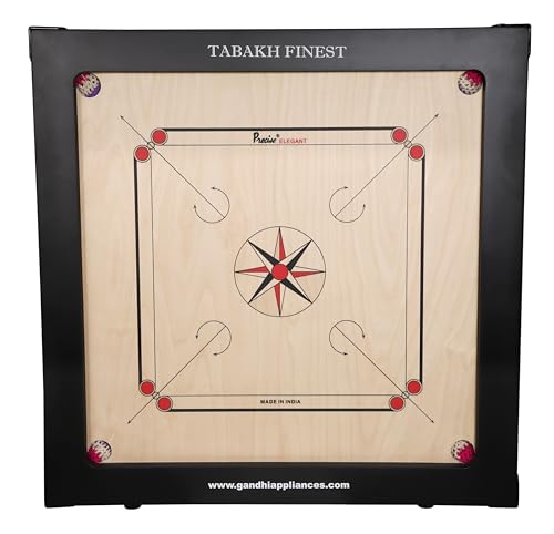 T TABAKH Precise Finest 20mm Carrom Board with Coins, Striker, and Powder, Black, 4 Players, Ages 13 and Up