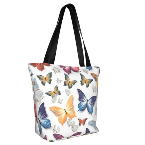 White Floral Colorful Butterflies Print Lightweight Shoulder Bag Summer Outings Tote Bags Travel Hiking Work Casual Use2
