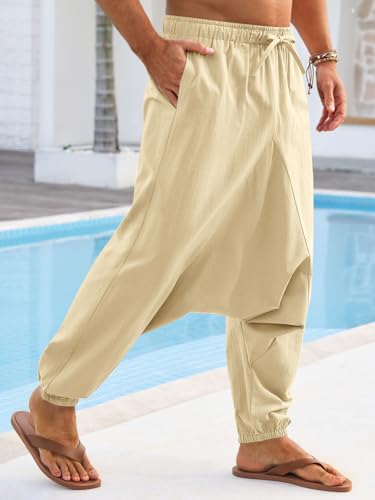 Runcati Mens Casual Harem Pants Baggy Hippie Yoga Cotton Linen Pants Drop Crotch Drawstring Beach Summer Trousers2