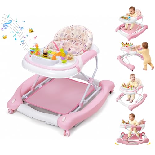 Image of 5 in 1 Baby Walker, Music and Lights Walker for Baby Boy Girls 6-12 Months, Foldable Baby Walkers with Wheels and Bouncer Combo Portable, Toddler Infant Walker with Adjustable Height