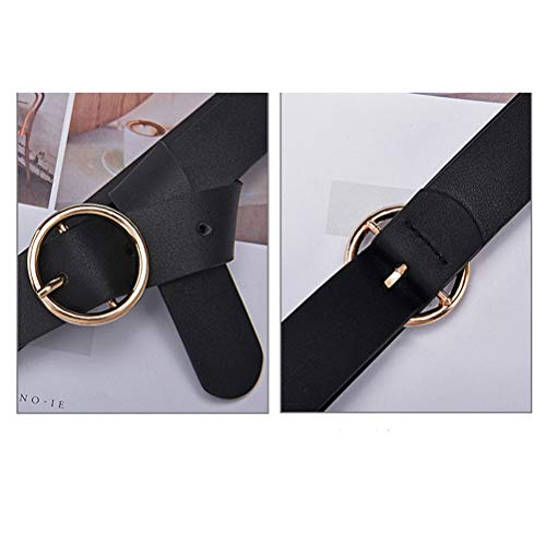 Cinto feminino casual de couro genuíno com fivela redonda para acessórios de vestido e jeans (preto)