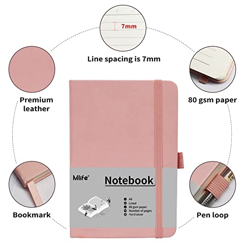 Mlife A6 Klein Journal Notizbuch, 192 Seiten, A6 Notizbücher Mini Hardcover mit elastischem Verschlussband und Falttasche (Rosa)