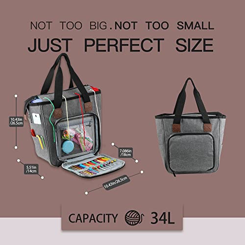 Image of JOZEA Yarn Storage Bag, Portable Crochet Tote Organizer, with Compartments for Yarn and Knitting Accessories, Knitting Bag with Zipper and Pockets for Home Traveling(Accessories Not Included) (Grey)