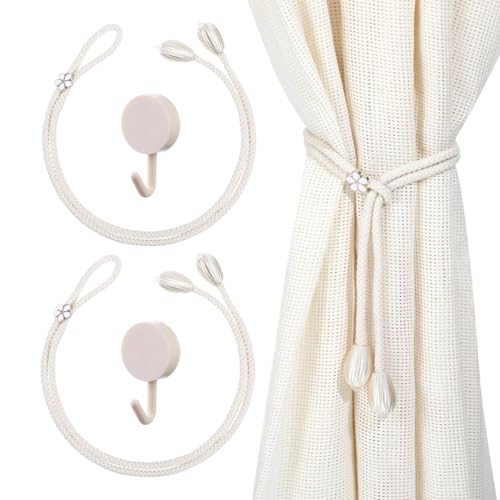 AEUXZA Set di 4 Fermatende Magnetici con 2 Ganci a Muro, Raccogli Tenda Boho Regolabili per Soggiorno e Camera da Letto, Supporti per Tende in Corda di Cotone Intrecciata, Bianco