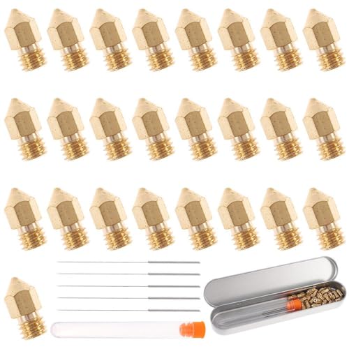 Fudeshe 25 boquillas de impresora 3D, boquillas extrusoras de latón MK8 de 0,4 mm con 5 agujas y caja de almacenamiento de metal para kit de limpieza de boquillas de impresora 3D