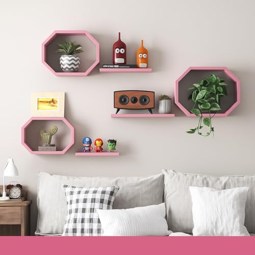 Image of Wall Mounted Floating Shelves Set of 6, Multipurpose Display, Book, Storage & Decor Shelves, Octagon Shape Wooden Wall Shelf for Living Room, Bedroom, Kitchen (Pink)