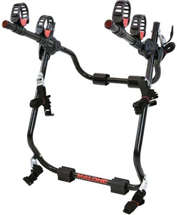 A close-up side view of the Thule Gateway Pro rack installed on a dark blue Audi A8, highlighting the six sturdy straps and the rack's contact points with the car's trunk lid.