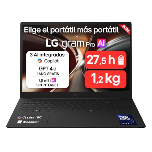LG gram Pro 16Z90U-G.AU88BN - Ordenador Portátil Ultraligero de 16' Intel Core Ultra 7 355, 3 GB RAM, 1 TB SSD, IPS Antirreflejo, 1239g, 27.5h, Windows 11, Teclado QWERTY Español, Negro