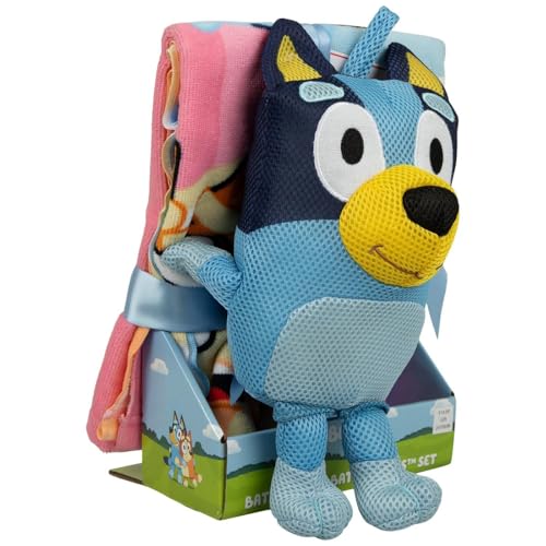 Image of Hobby Lobby Bluey Bath Time Set with Mesh Plush Toy and Character Towel, 50 x 25 inches, Blue and Pink