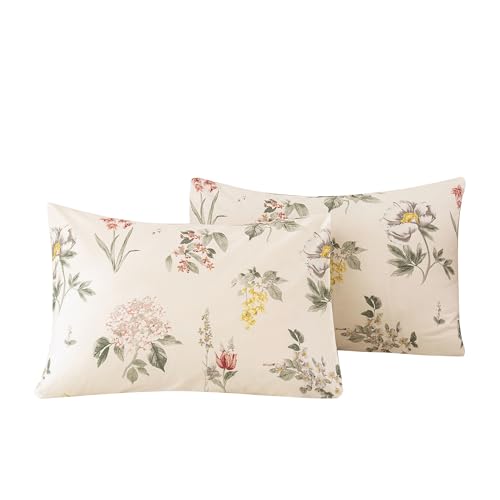 Image of ECOCOTT Floral Pillowcases King Size Set of 2, 100% Washed Cotton Pillow Cases with Envelope Closure, Vintage Botanical Flower Printed Pillow Covers