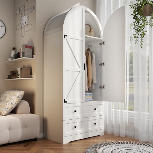 Gyfimoie 74.8" Armoire Wardrobe Closet with 2 Drawers and 2 Doors, Tall Bedroom Freestanding Armoire Storage Cabinet with Shelves, Wood Large Wardrobe Combination for Hanging Clothes (White)