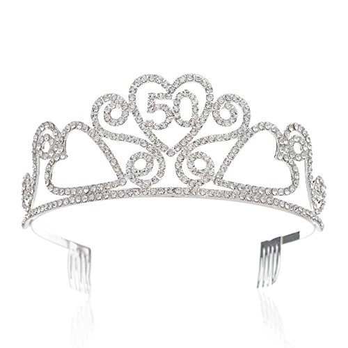 SWEETV Rhinestone Tiara Birthday Crown Princess Party Hat Hair Accessories 15/16/18/21/30/40/50/60/70th Birthday Gift,50th