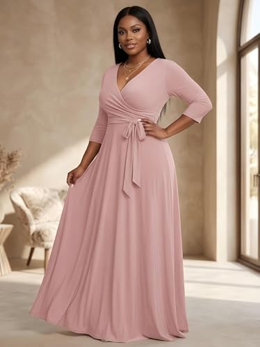 Image of PinkPatty Women's Plus Size Maxi Dresses Casual Flowy 3 /4 Sleeves Dress Printed Vacation Dress for Daily Wear with Belt
