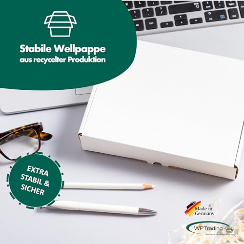 WPTrading - 250 Stück Maxibriefkarton 180 x 130 x 45 mm 1-wellig weiß - Faltkarton mit Steckverschluss als Maxibrief für Warenversendung - Versand Kartonage für Päckchen - Karton Versandverpackung