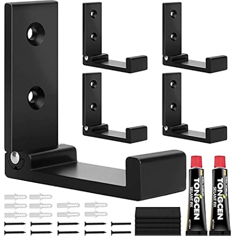 Folding Coat Hooks, 5 Pcs Heavy Duty Wall Hooks, Aluminum Alloy Adhesive Foldable Headphone Holder Hooks Wall Mounted with 10 Screws for Hanging Coat, Hat, Towel, Bag, Black Cover