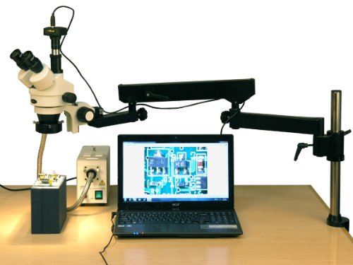 AmScope SM-8TZZ-FOR-M Digital Professional Trinocular Stereo Zoom Microscope, WH10x and WH20x Eyepieces, 3.5X-180X Magnification, 0.7X-4.5X Zoom Objective, Fiber-Optic Ring Light, Articulating-Arm Boom Stand, 110V-240V, Includes 0.5x and 2.0x Barlow Lenses and 1.3MP Camera with Reduction Lens and Software