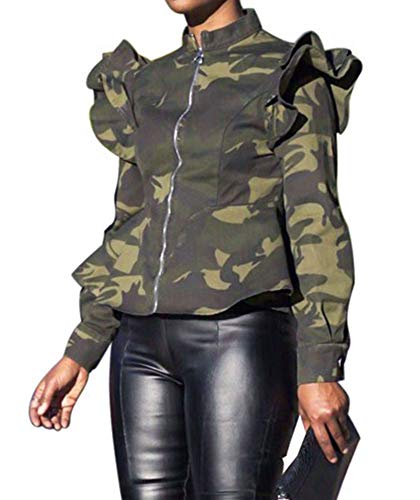 Lifeshe Women's Zip Up Ruffle Sleeve Peplum Camo Jacket Blazers (Green, L) #TOP1