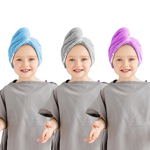 tiddlers & nippers Super Absorbent Hair Wrap Twist Towels, (Set of 3, Purple, Grey & Blue)