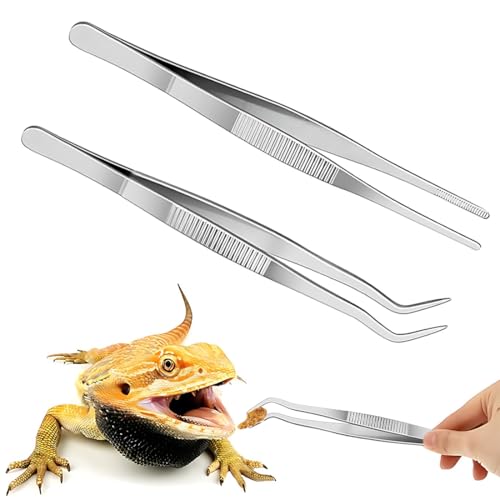 WHYCNJL 2 Pezzi 30cm Pinze per l'alimentazione dei Rettili, Extra Lunghe, in Acciaio Inox, con Punta in Gomma, Pinzette Dritte e Curve, Strumento per Terrario