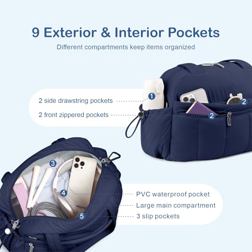 TOPDesign Travel Duffel Bag for Women, Puffer Gym Bag Sports Tote with Wet Pocket, Carry On Weekender with Luggage Sleeve, Navy Blue, Large, Casual by TOPDesign - Image 6