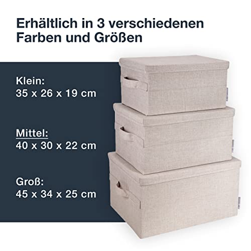 BIGSO mittelgroße Aufbewahrungsbox mit Deckel und Griff – Schrankbox aus Polyester und Karton in Leinenoptik – Faltbox für Kleidung, Bettwäsche, Spielzeug usw. – beige