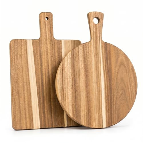Acacia Wood Cutting Boards with Handle Set of 2, Round Cutting Board and Rectangular Wooden Cutting Board, Decorative Cutting Boards for Kitchen Display, Charcuterie Cheese Pizza Bread Board