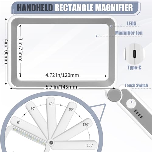 AKKYCVS Magnifying Glass with Light, Rechargeable 5X Large Page Magnifier for Reading, Folding Handheld Dimmable, LED Lighted Rectangle Magnifier for Reading Book Small Print for Seniors Low Vision