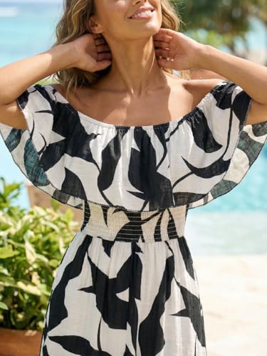 Image of CUPSHE Women Ruffle Floral Maxi Summer Dress Off Shoulder Short Sleeve Backless Flounce Bodice Slit Hem Beach Dresses