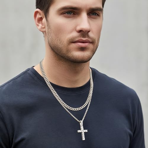 Fiusem Layered Cross Necklace for Men, Silver Tone/14K Gold Plated Mens Necklace Chain with Cubic Zirconia Cross Pendant, Stainless Steel Cuban and Rope Chain - Image 3