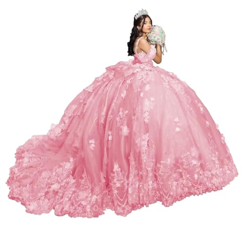 Zhangyo Beaded Applique Tulle Quinceanera Dresses with Train Flor...