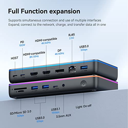 Image of Hagibis DisplayLink Docking Station for MacBook M1 /M2 /Windows, Triple Display 3 Monitors USB C Hub with LED Strip Light, 8K HDMI, 4K@60Hz DispalyPort, 100W PD, 2.5G RJ45, 10Gbps USB3.1