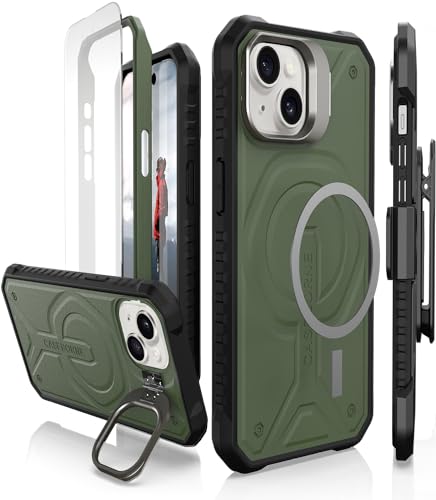 CaseBorne Compatible with iPhone 15 Protective Phone Case - Compatible with MagSafe, Slim Yet Rugged with Tempered Glass Screen Protector, Includes Kickstand & Belt-Clip Holster - Green