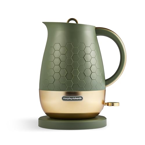 Morphy Richards Cassini Jug Kettle 1.7L 3Kw Rapid Boil Precision Pour Spout Boil Dry Protection Cord Storage Anti-Limescale Filter Olivine Green & Gold 103022