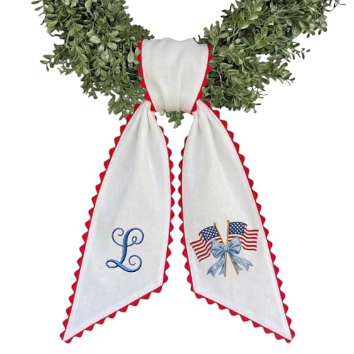 Monogram Wreath Sash, Custom Embroidered Wreath Ribbon for Front Door, Holiday Home Decor (Patriotic DK02)