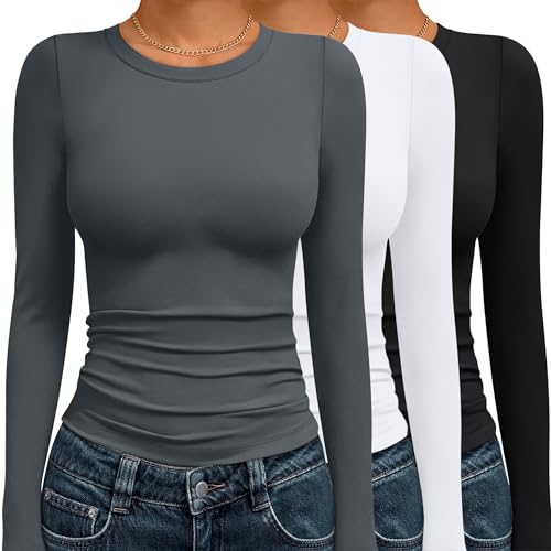 AUTOMET 3 Pack Womens Long Sleeve T Shirts Fall Fashion Basic Going Out Crop Tops Slim Fitted Winter Clothes 2025 Black White Gray S