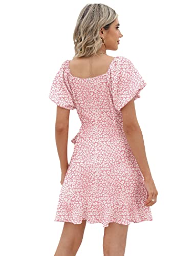 Image of Sampeel Womens Summer Dresses Square Neck Puff Sleeve Tie Waist Short Dress