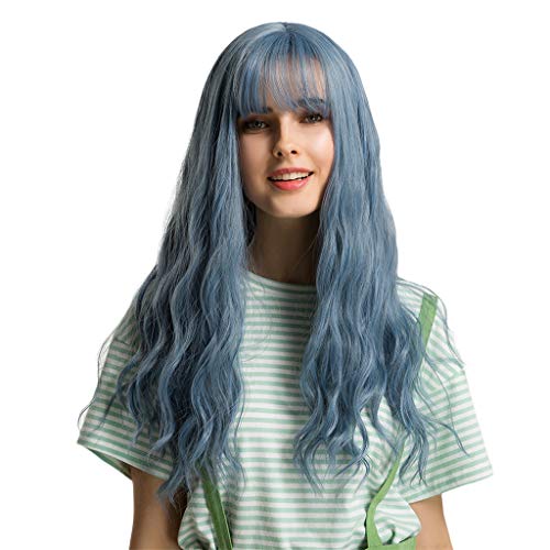 24 '' Moda Feminina Peruca Longa Cheia W/Bangs Curly Ondulado Cosplay Festa Peruca Azul