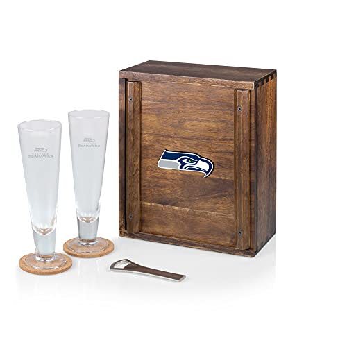 PICNIC TIME NFL Seattle Seahawks Pilsner Craft Beer Set with 2 Beer Glasses, Gift For Beer Lovers, (Acacia Wood)