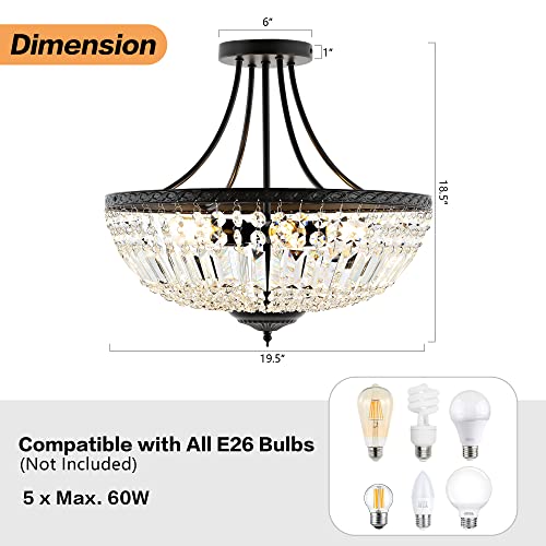 Wingbo 19.5 Inch Crystal Ceiling Light Fixture, 5-Light Raindrop Semi Flush Mount Chandelier, Modern Round Close To Ceiling Hanging Light For Living Room Dining Room Bedroom Hallway thumb #3