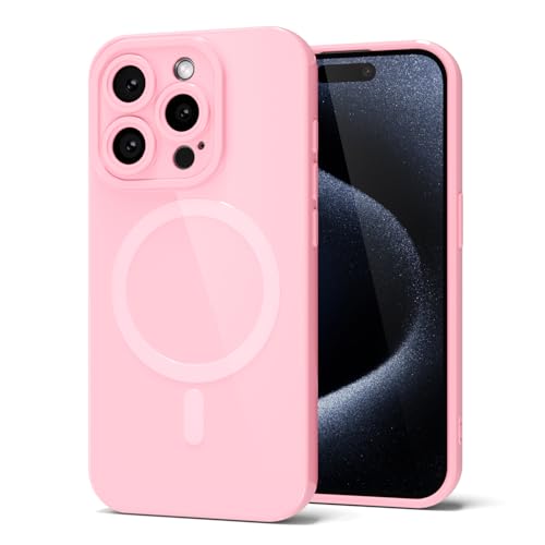 Coque iPhone 15 Pro silicone rose fine anti-rayures avec anneau magnétique Magsafe