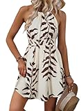 BLENCOT Womens Dresses Summer Casual Halter Neck Beach Sundress Floral Printed Beach Mini Dress with Pockets Beige Small