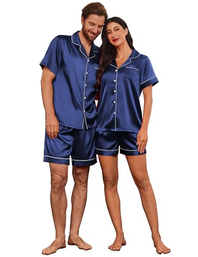 Image of Ekouaer Couple Matching Pajamas Sets Silk Short Sleeve Button Down Sleepwear Satin Pjs Shorts Set Soft Loungewear S-XXL