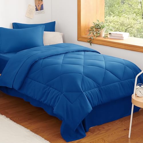 Image of CozyLux Twin XL Comforter Set Classic Blue - 5 Pieces Twin Extra Long Bed in a Bag for College Dorm, All Season Bedding Set for Girls and Boys, Soft Bed Set with Comforter, Sheets, Pillowcase & Sham