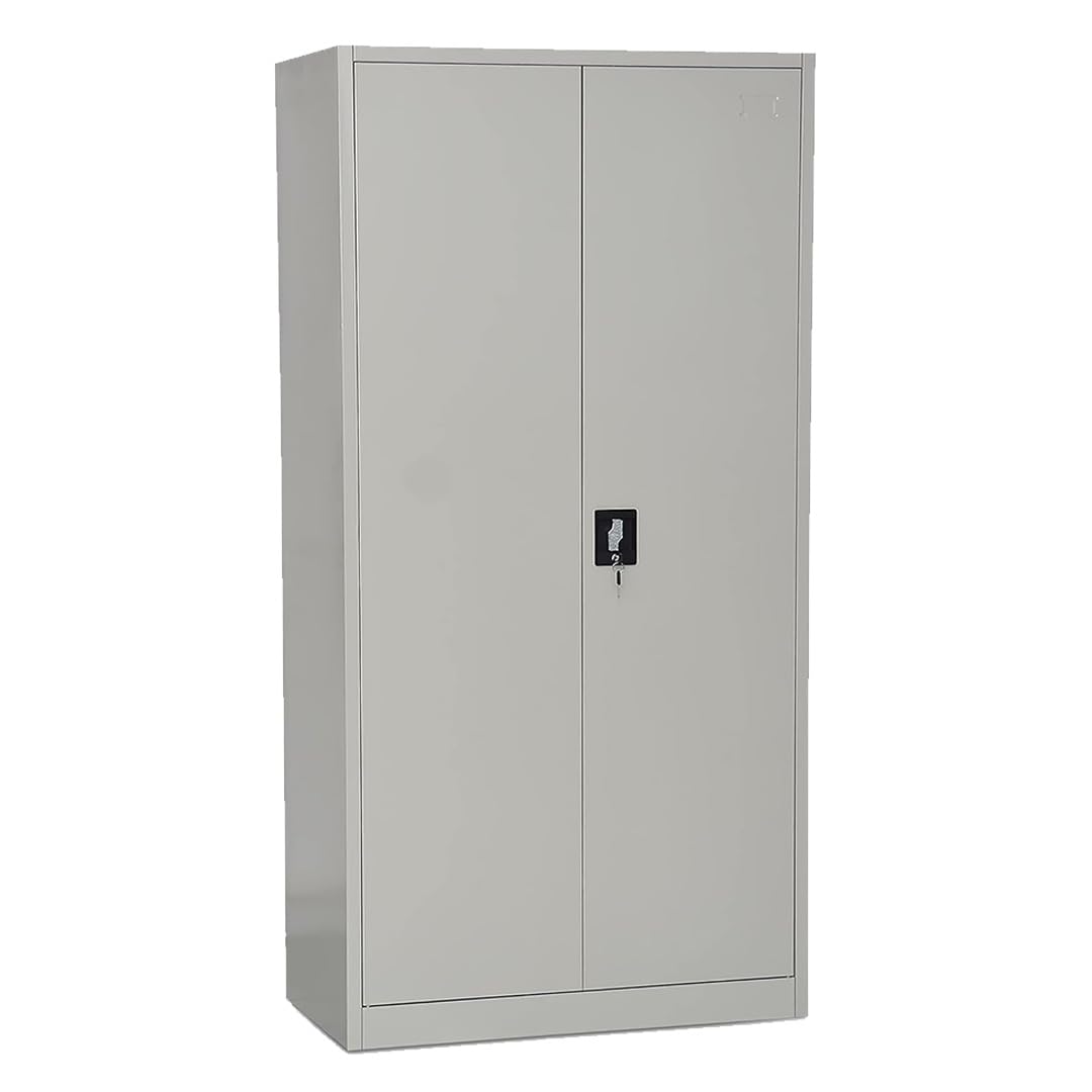 Steel Office Cupboard with Lock – 2 Door Wardrobe Cabinet for Clothes & Files – Grey Powder Coated Metal Storage Cabinet with Adjustable Shelves for Home Office or Workspace