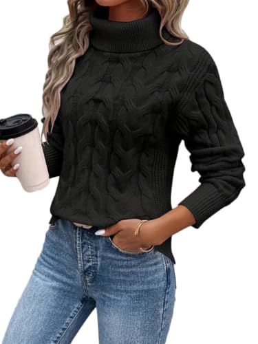seiveini Jersey de Punto Trenzado Mujer Invierno Cuello Alto Suéter Elegante Manga Larga Jerséis Ajustado Térmico Pullover Sweater A Negro M